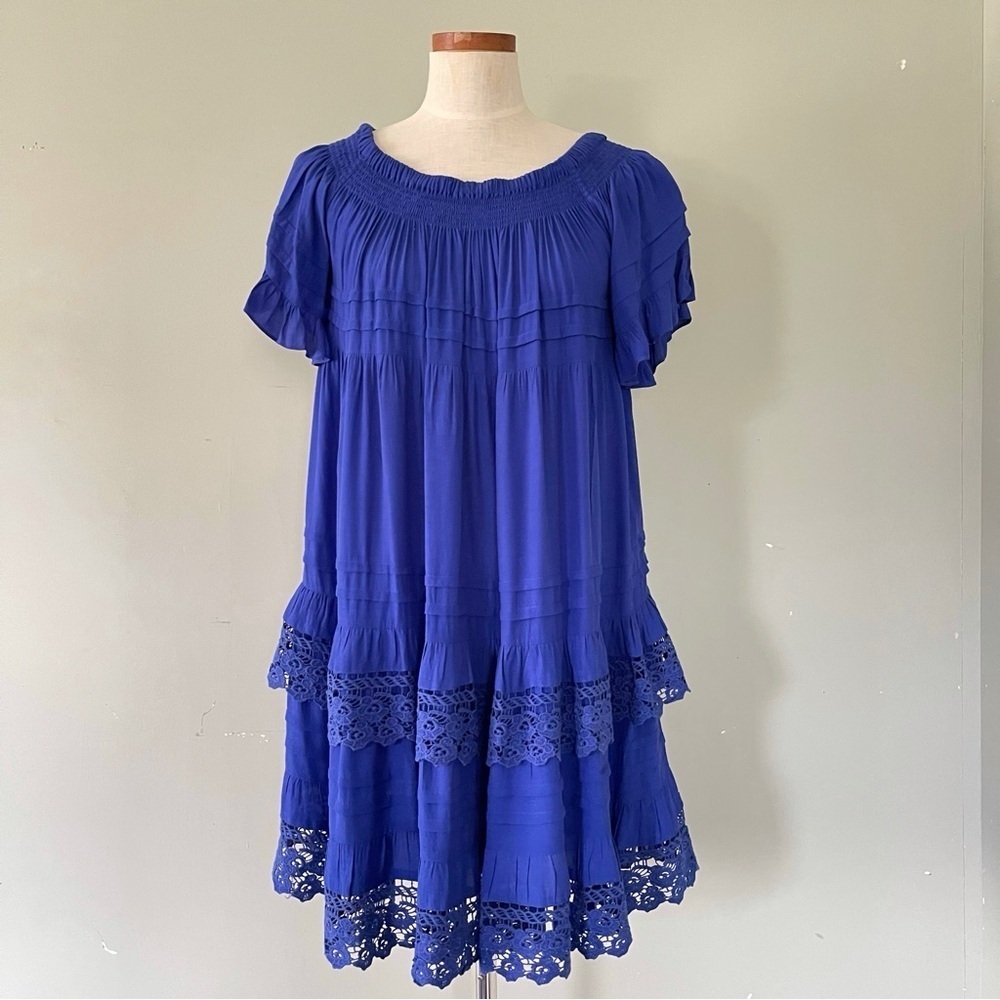 Anthropologie 1st Sight Cobalt Blue tiered midi dress size medium
